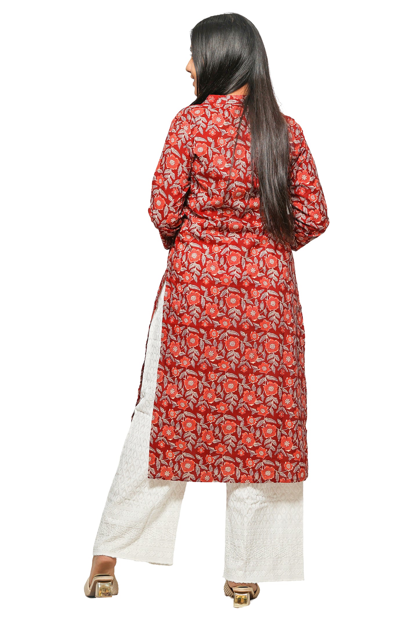 Kanika-Deep maroon floral print straight kurta