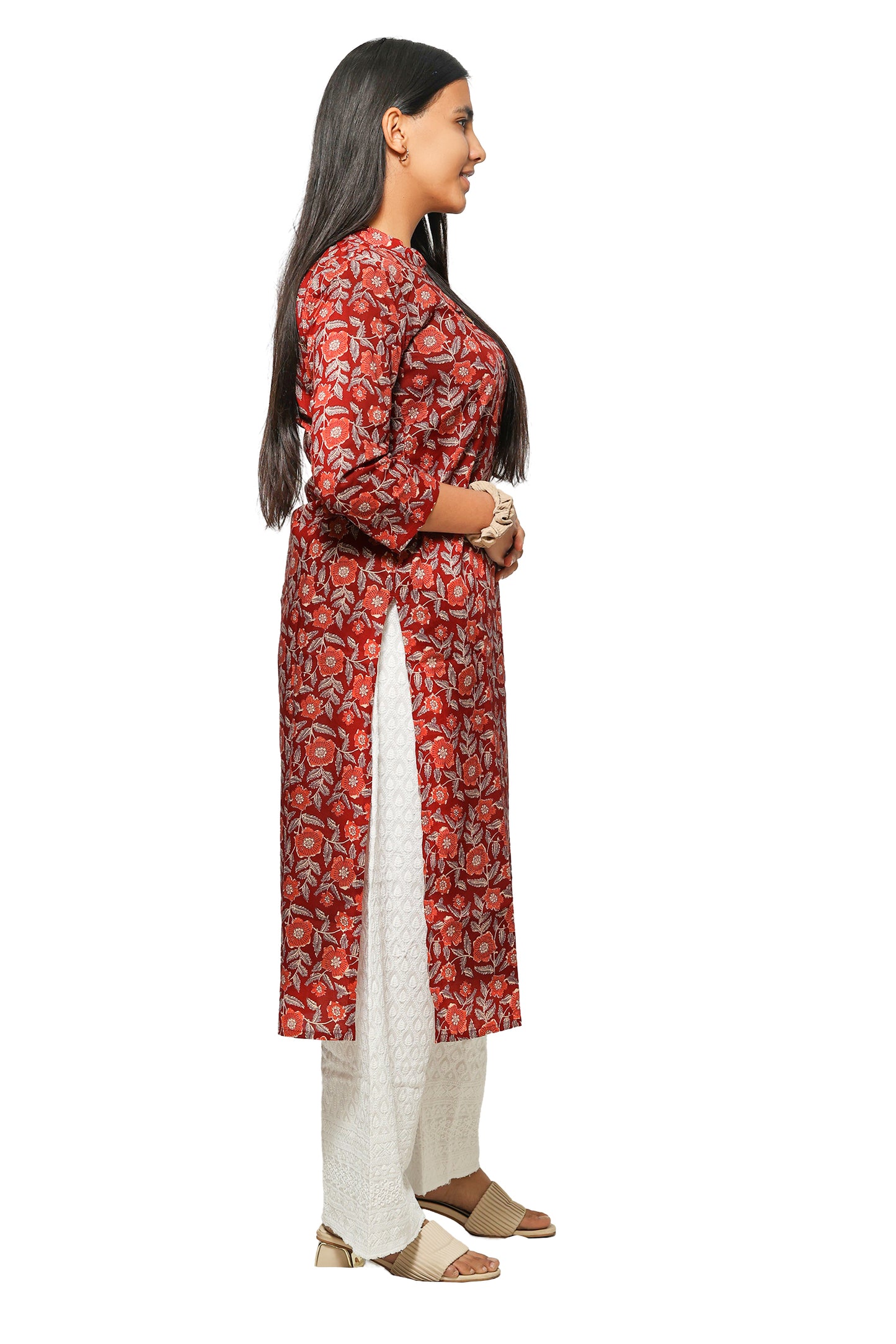 Kanika-Deep maroon floral print straight kurta