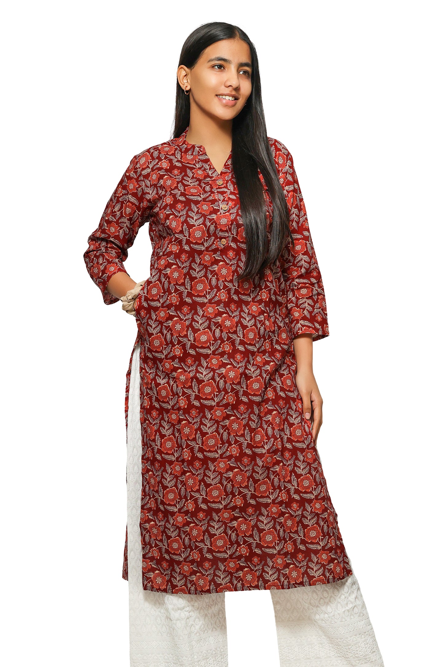 Kanika-Deep maroon floral print straight kurta