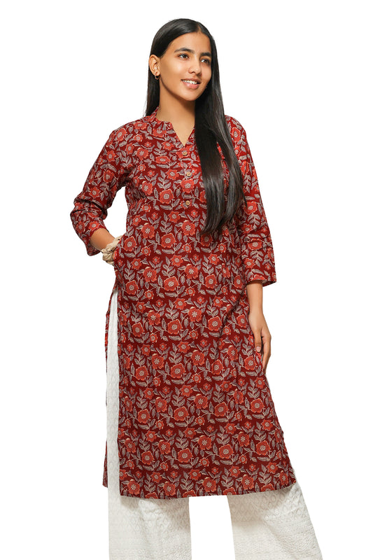 Kanika-Deep maroon floral print straight kurta