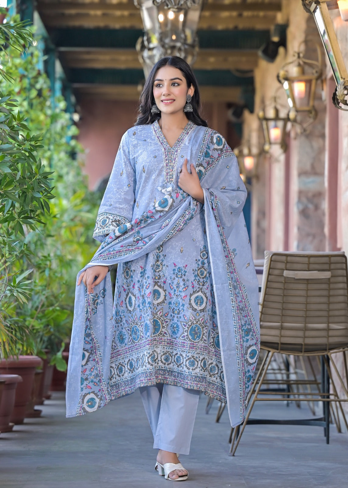 Aadrika-Powder blue A-line kurta set
