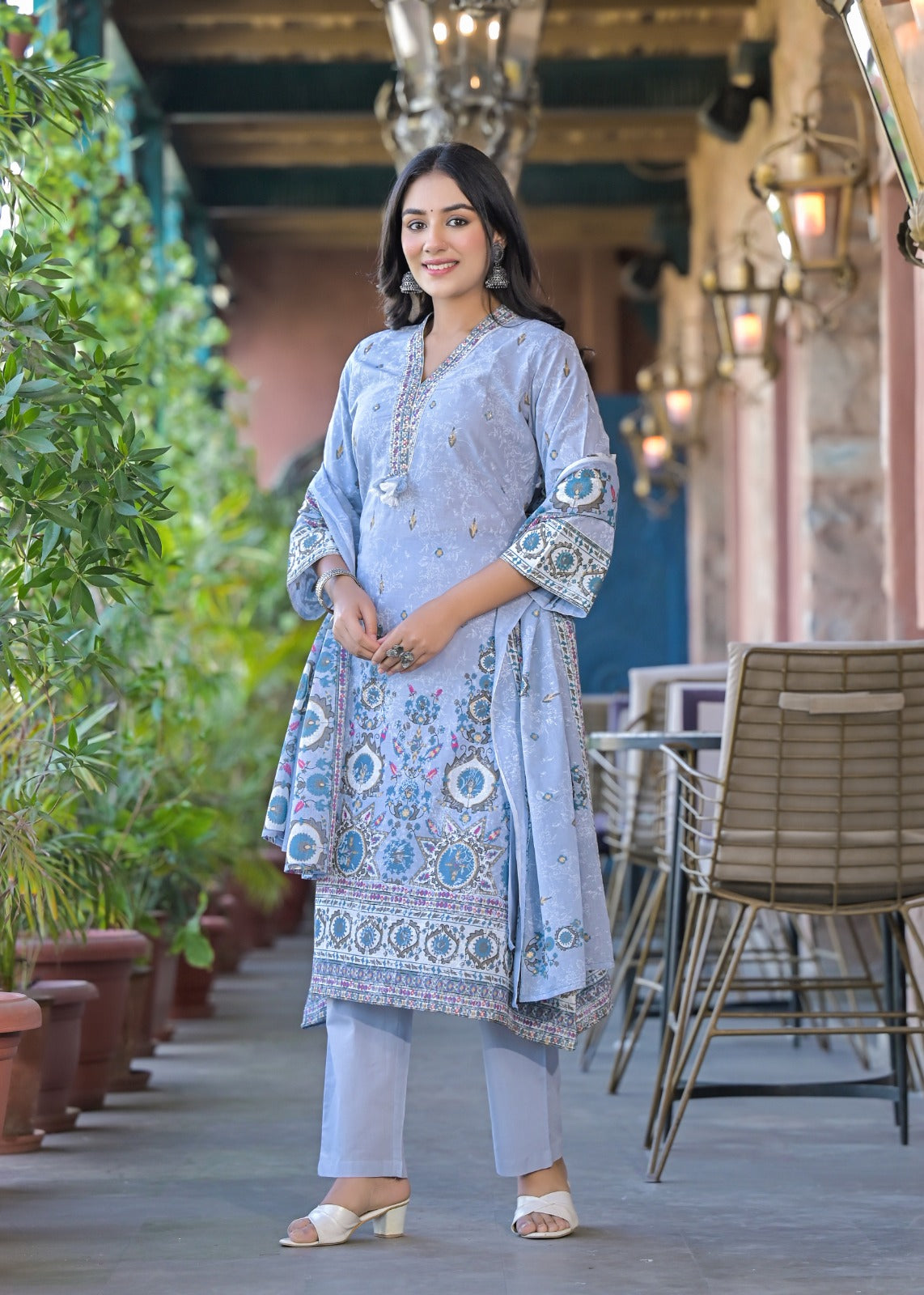 Aadrika-Powder blue A-line kurta set