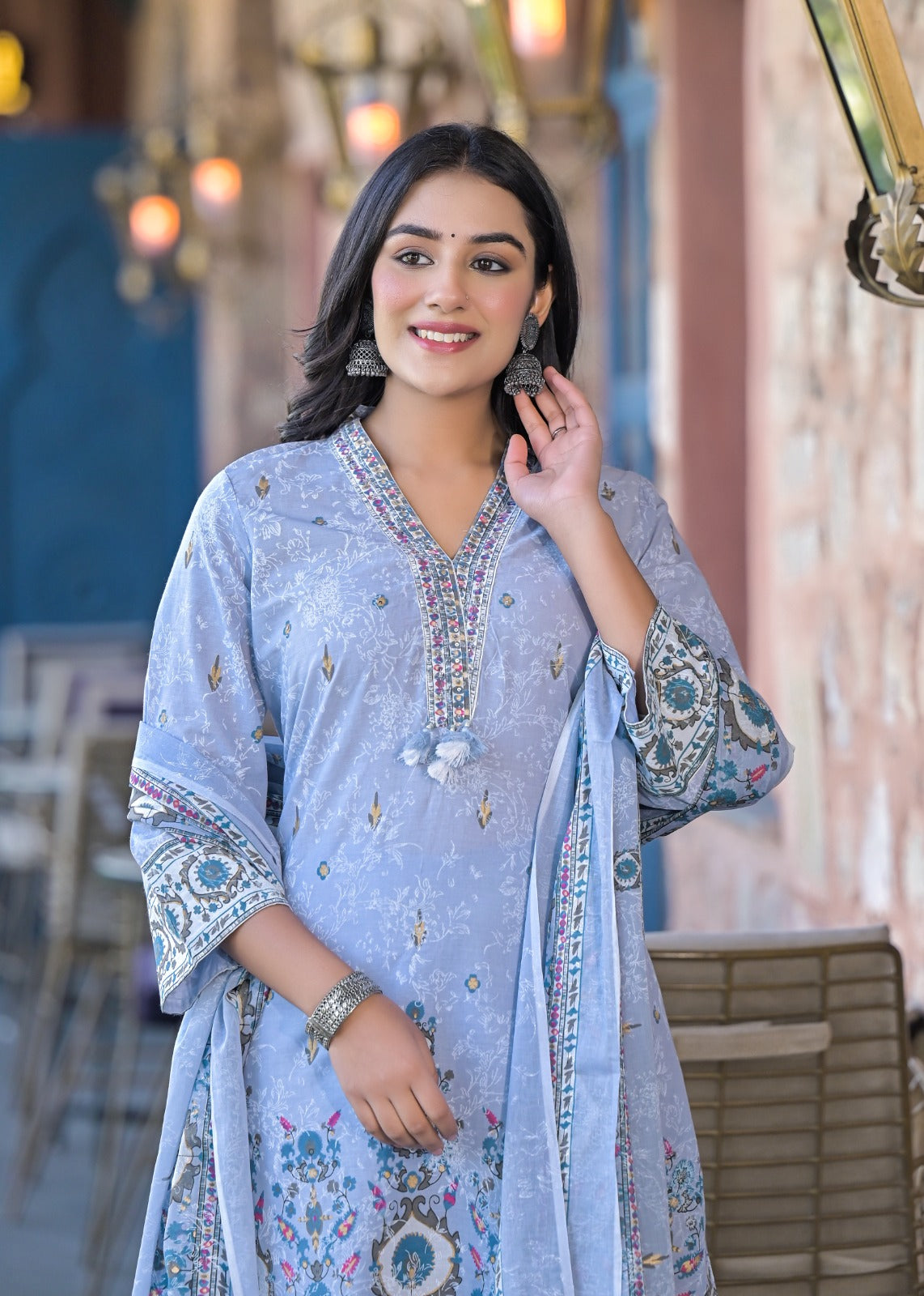 Aadrika-Powder blue A-line kurta set