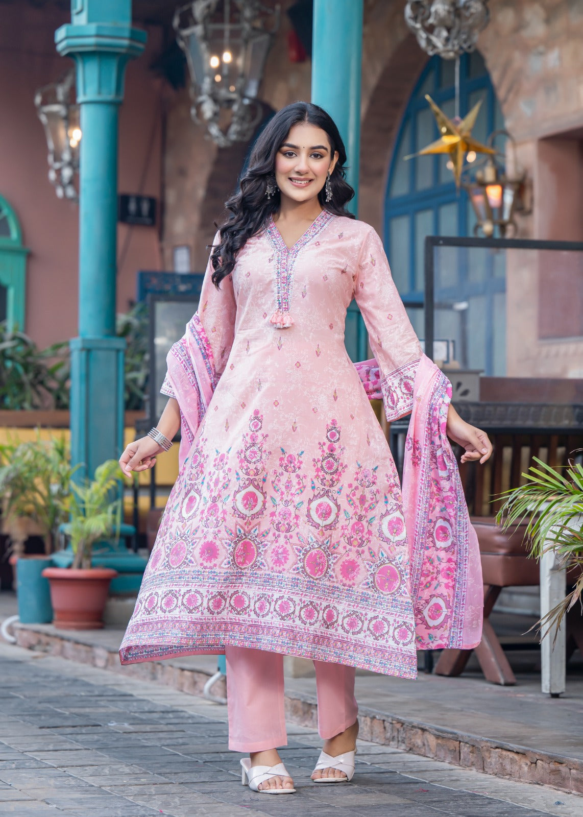 Aadriti-Peach A-line kurta set.
