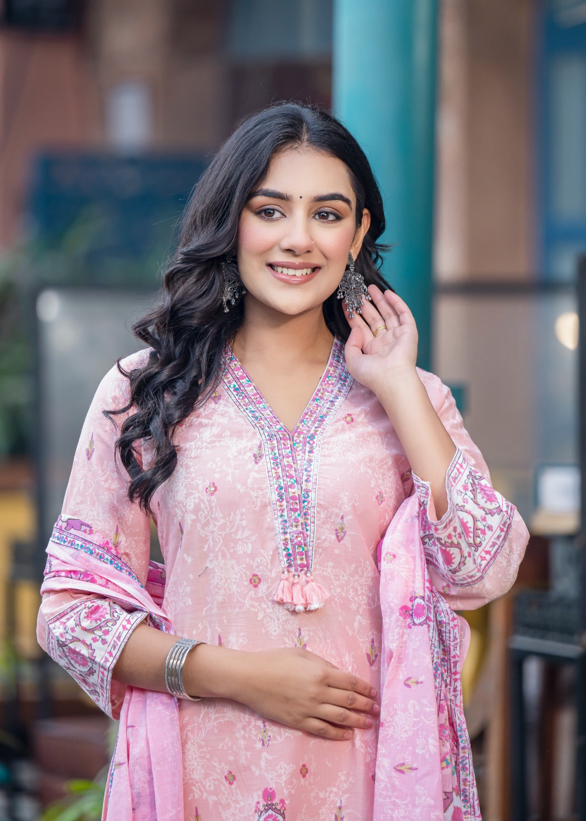 Aadriti-Peach A-line kurta set.