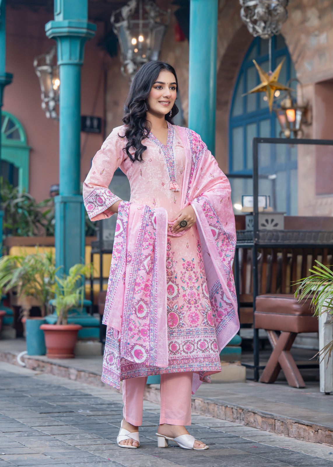 Aadriti-Peach A-line kurta set.