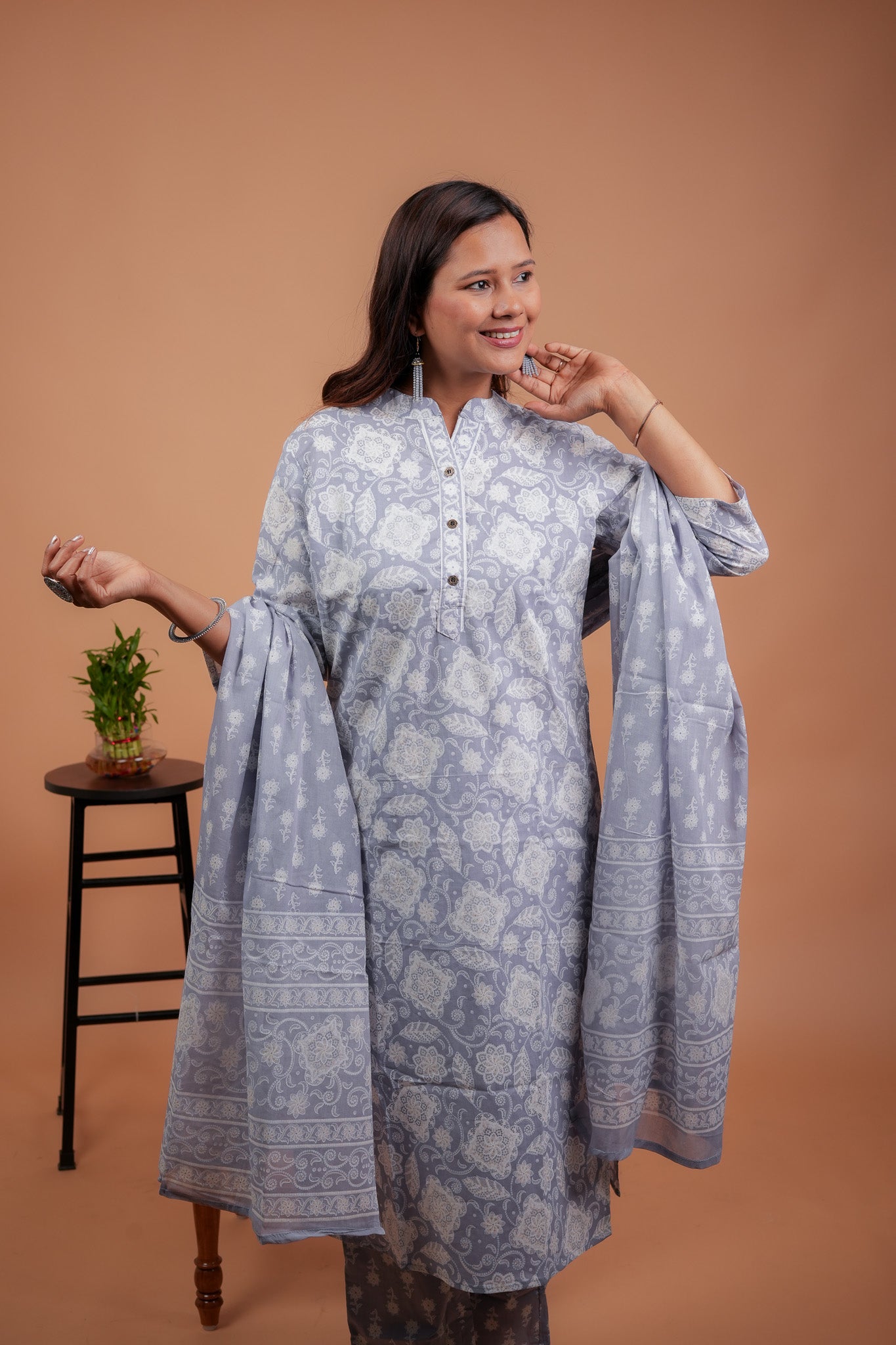 AANCHAL- GREY WHITE COTTON KURTA SET WITH DUPATTA