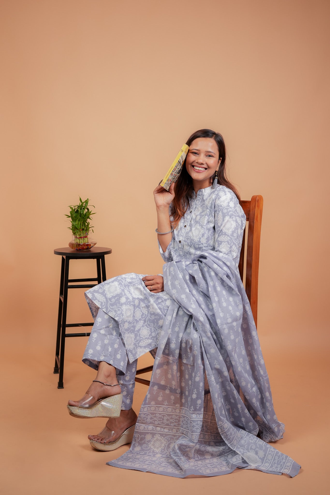 AANCHAL- GREY WHITE COTTON KURTA SET WITH DUPATTA
