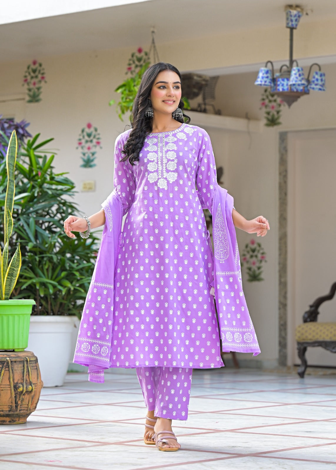 Aarchi-Lavender cotton straight kurta set with embriodered neckline