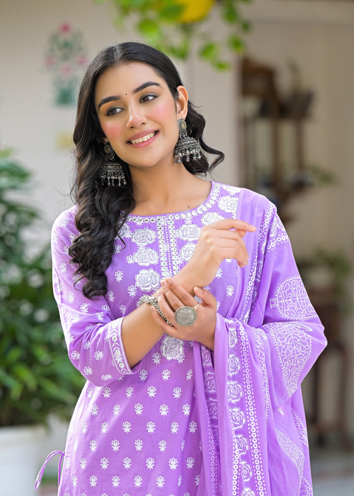 Aarchi-Lavender cotton straight kurta set with embriodered neckline