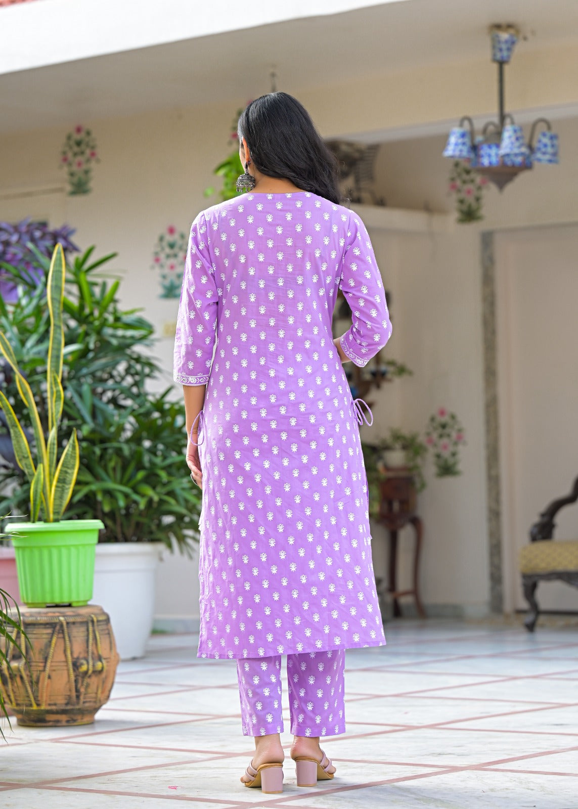 Aarchi-Lavender cotton straight kurta set with embriodered neckline
