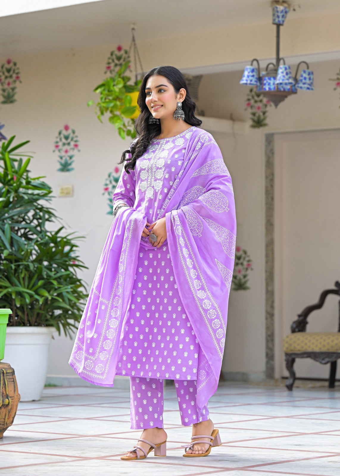 Aarchi-Lavender cotton straight kurta set with embriodered neckline