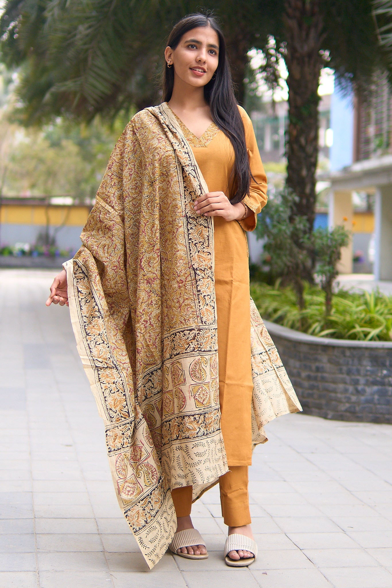 Aarna- Mustard cotton flex kurta set with kalamkari dupatta