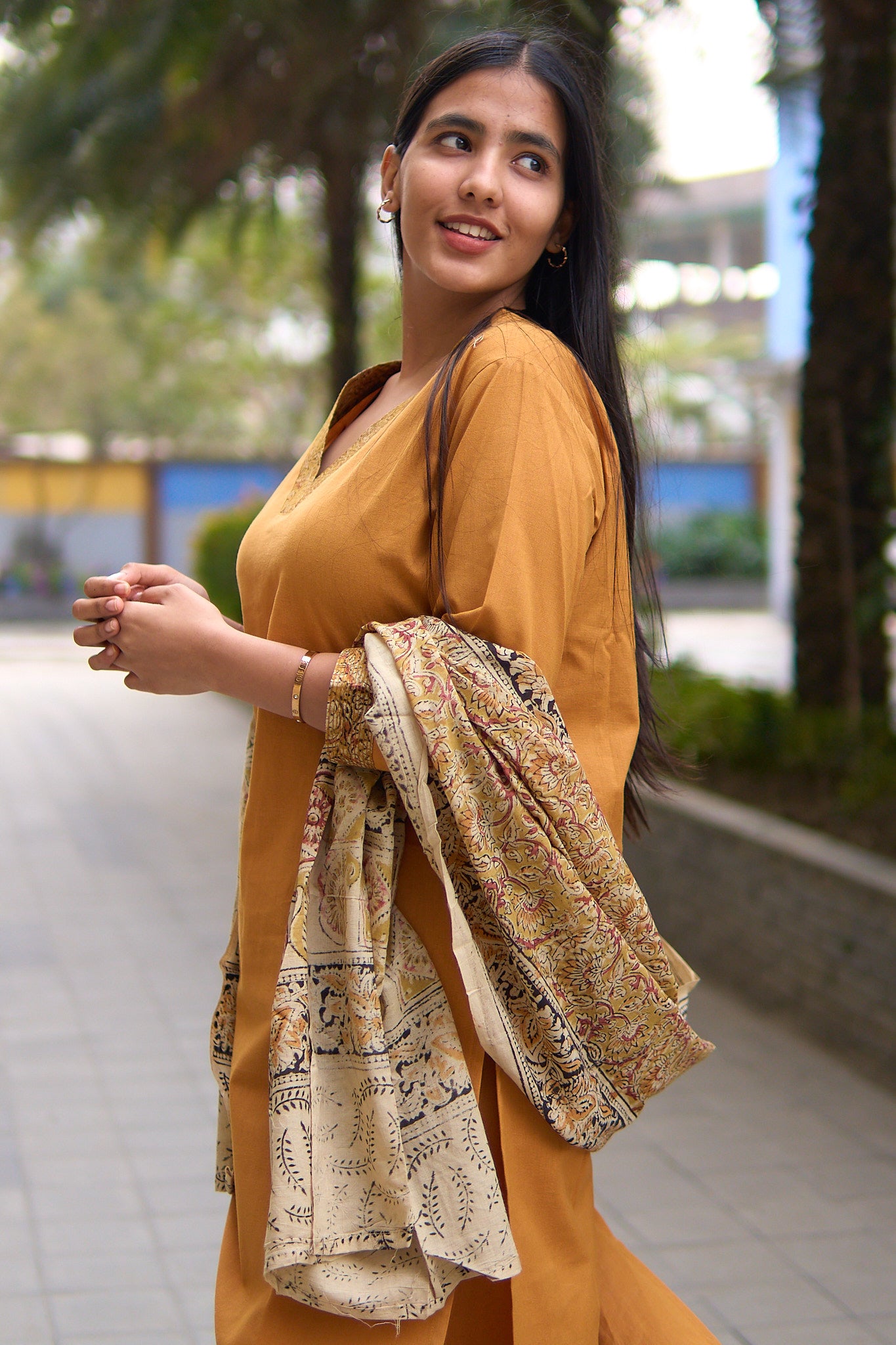 Aarna- Mustard cotton flex kurta set with kalamkari dupatta