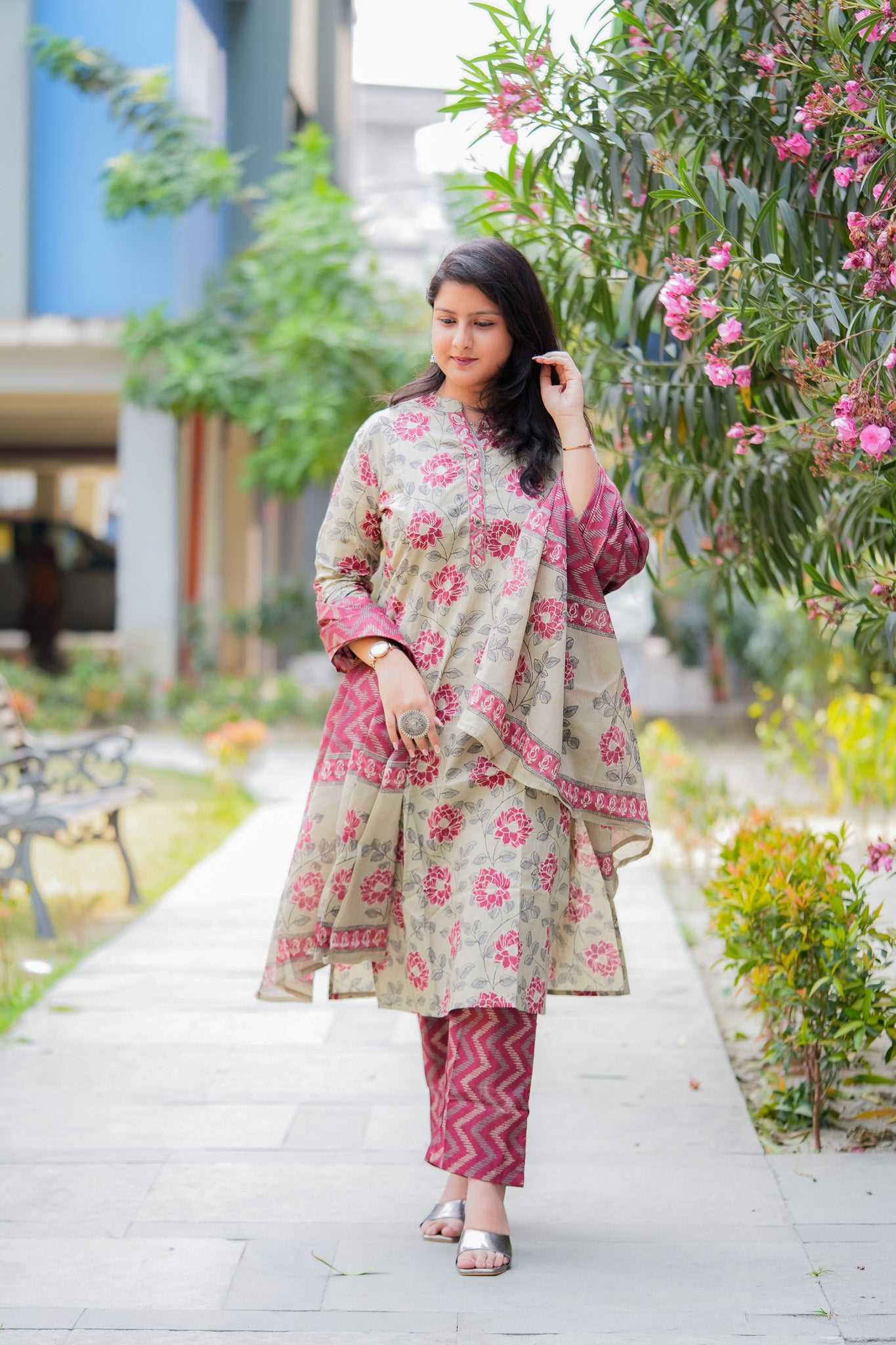 ADRISA- BEIGE & MAROON KURTA SET WITH DUPATTA
