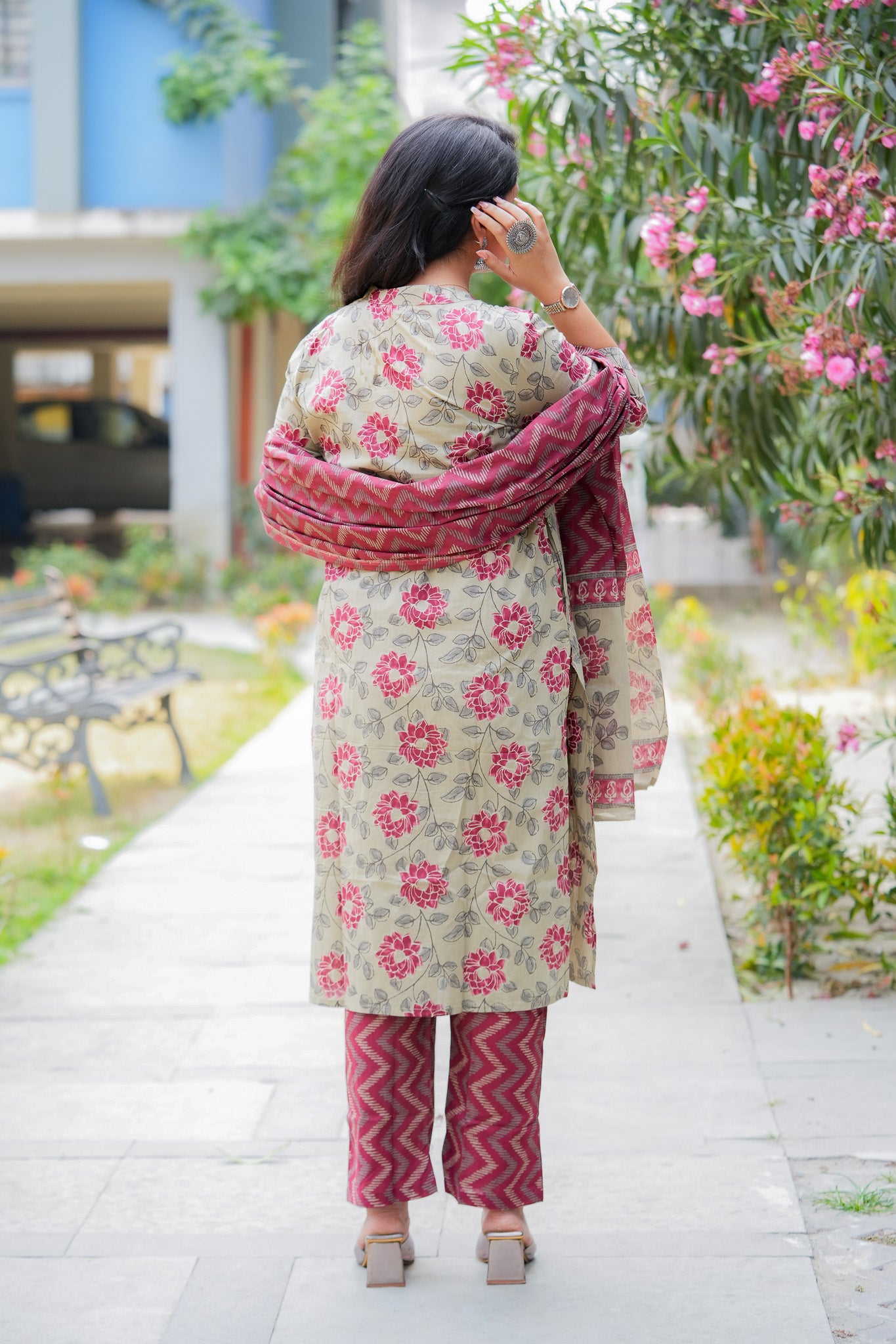 ADRISA- BEIGE & MAROON KURTA SET WITH DUPATTA