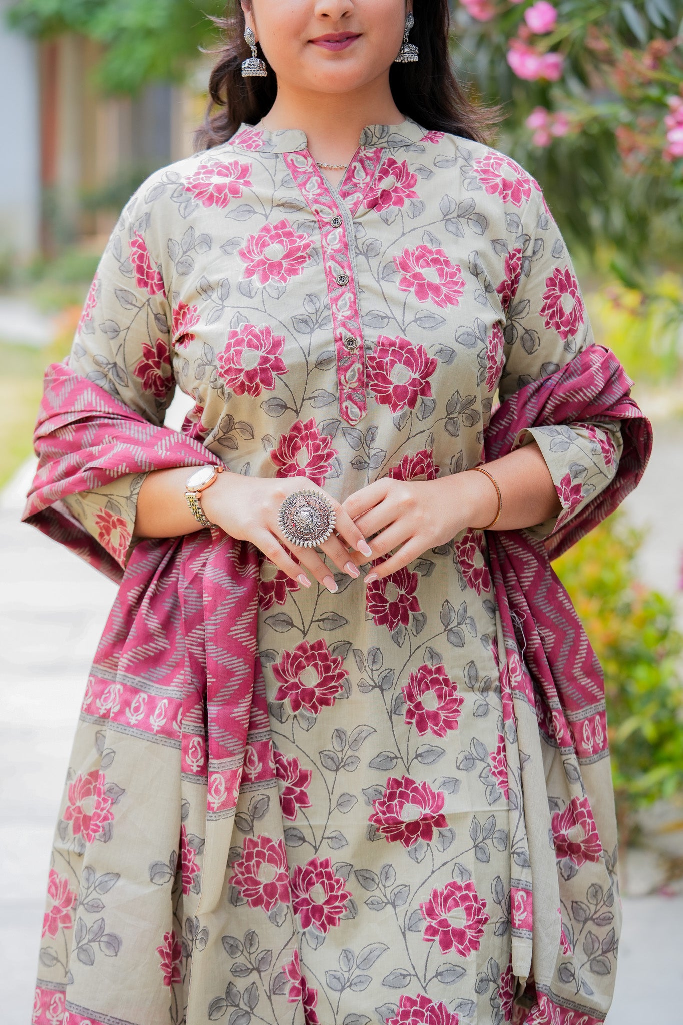 ADRISA- BEIGE & MAROON KURTA SET WITH DUPATTA