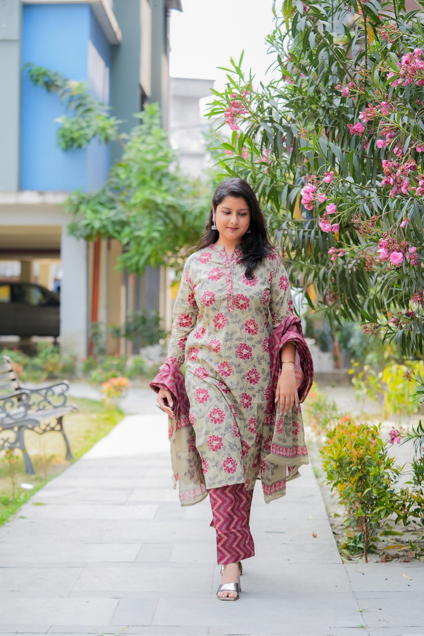 ADRISA- BEIGE & MAROON KURTA SET WITH DUPATTA