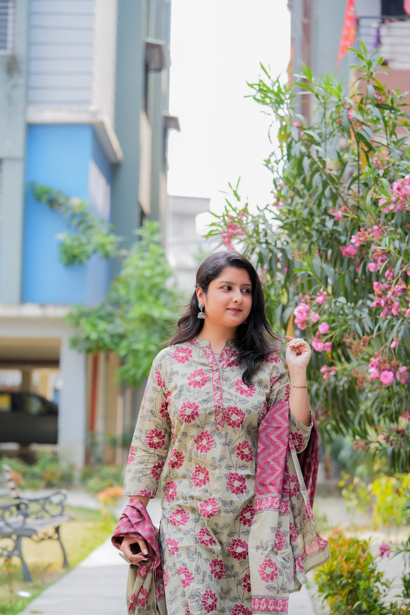 ADRISA- BEIGE & MAROON KURTA SET WITH DUPATTA