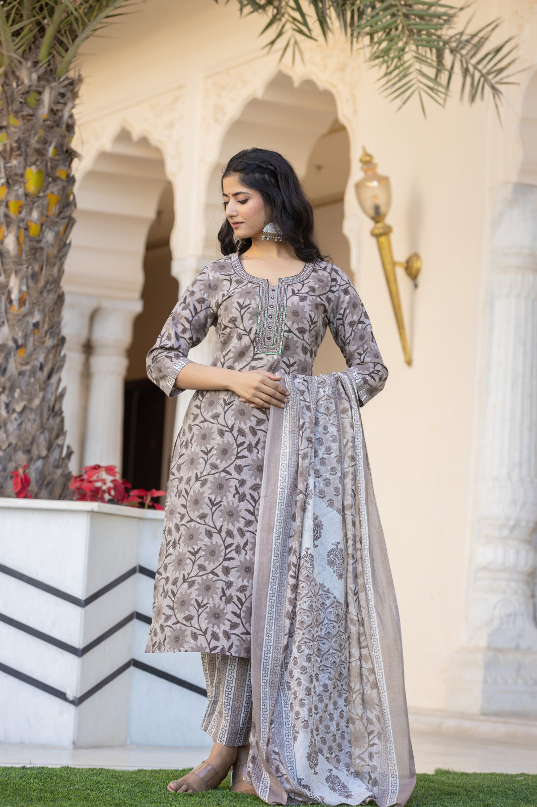 Agniki-Beage and brown print embroidered kurta set