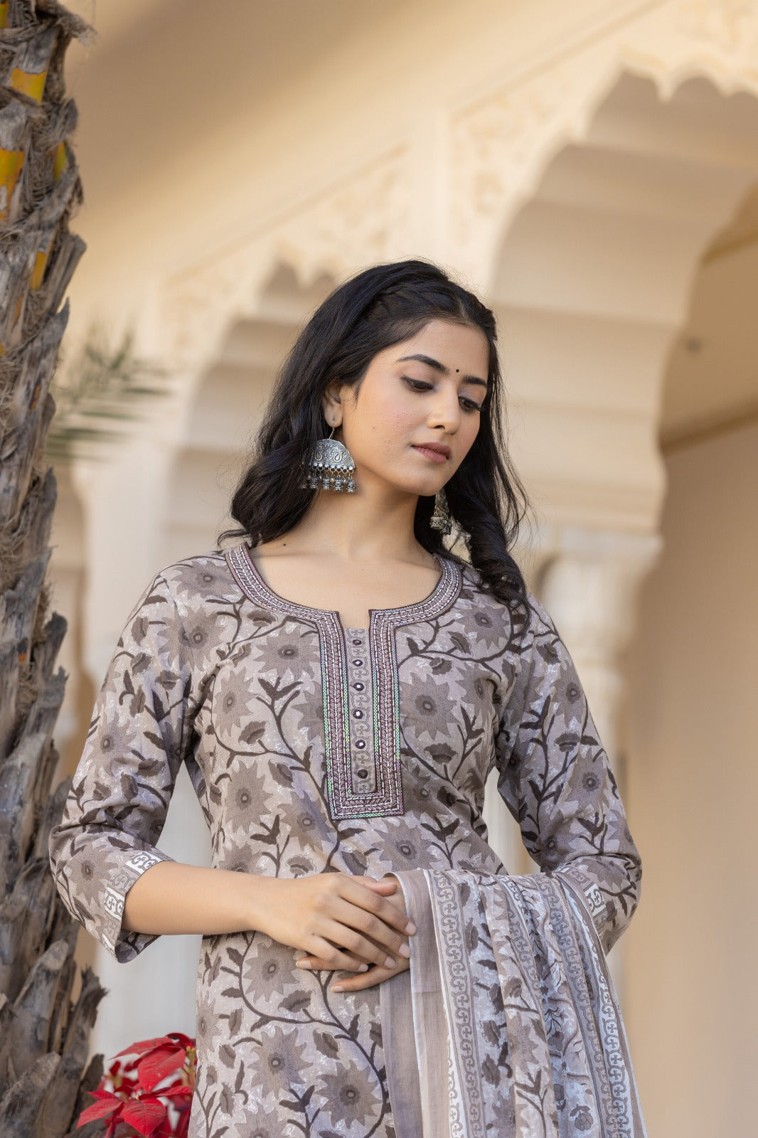 Agniki-Beage and brown print embroidered kurta set