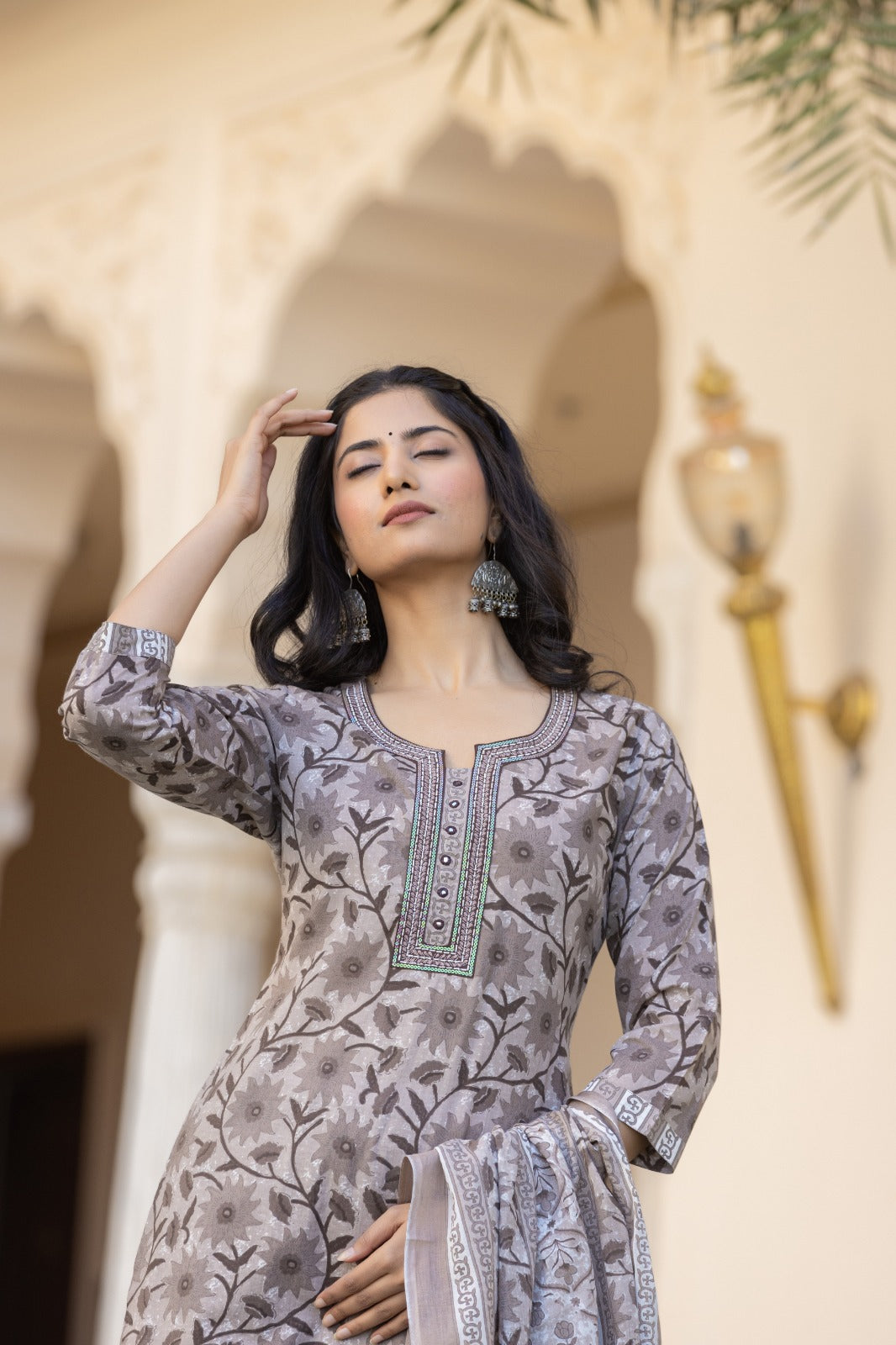 Agniki-Beage and brown print embroidered kurta set