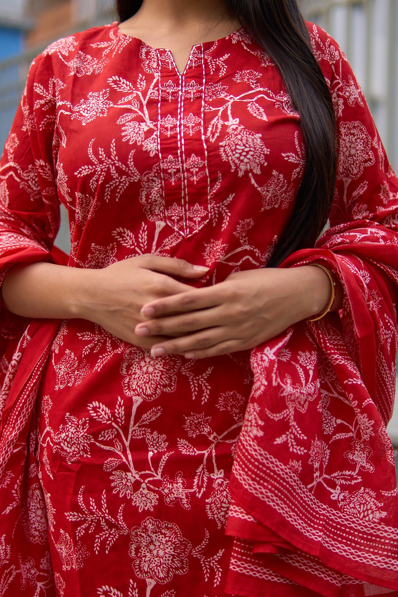 Aisha-Red floral cotton kurta set