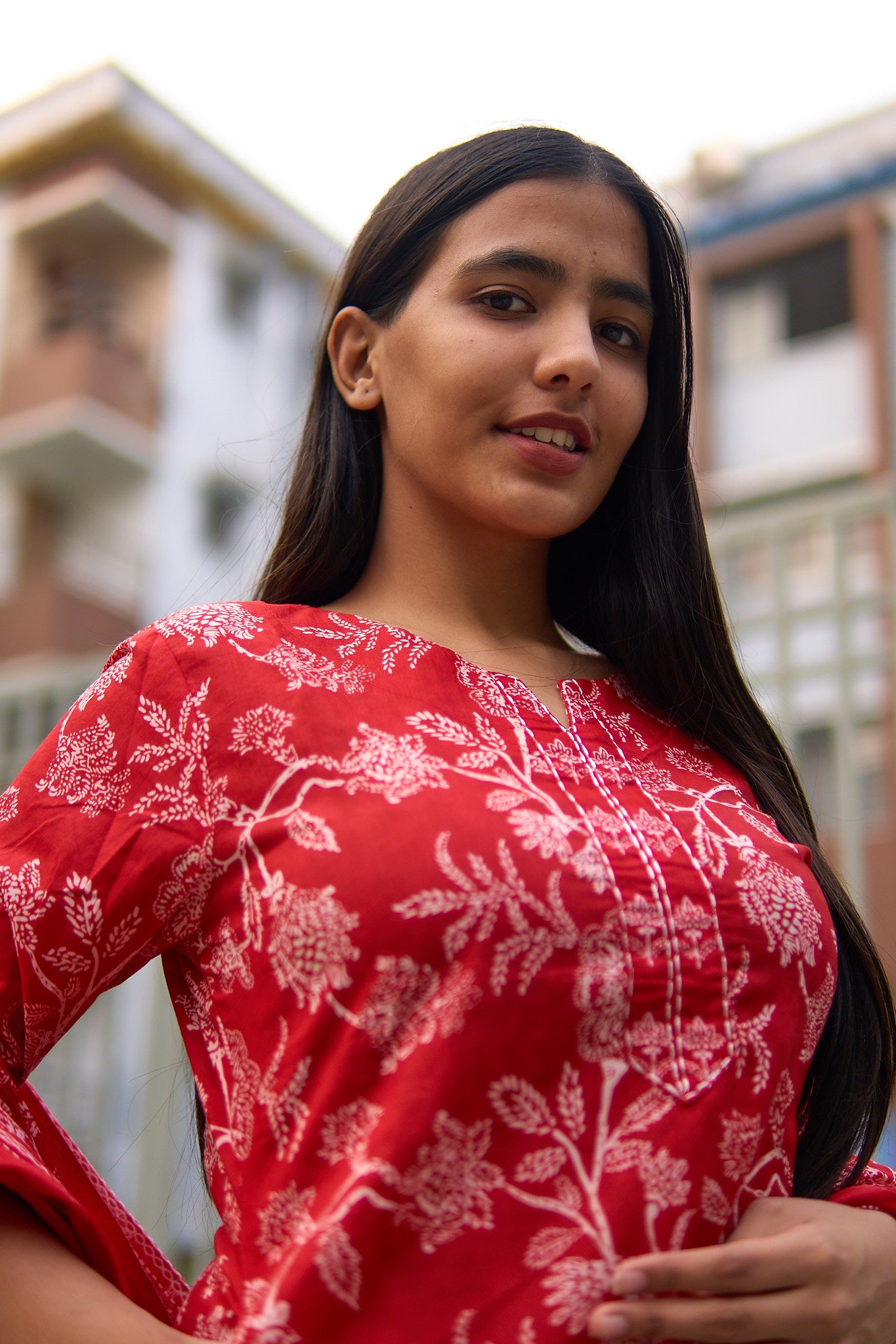 Aisha-Red floral cotton kurta set