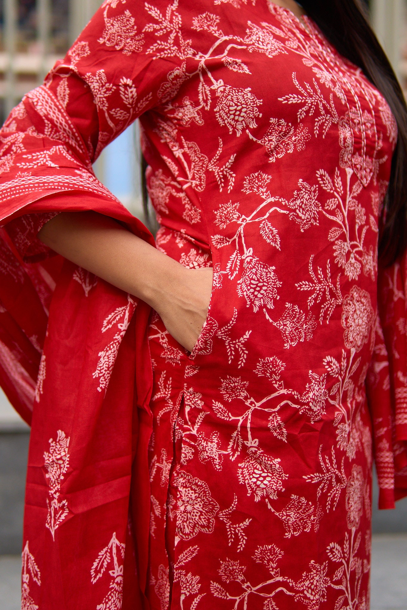 Aisha-Red floral cotton kurta set