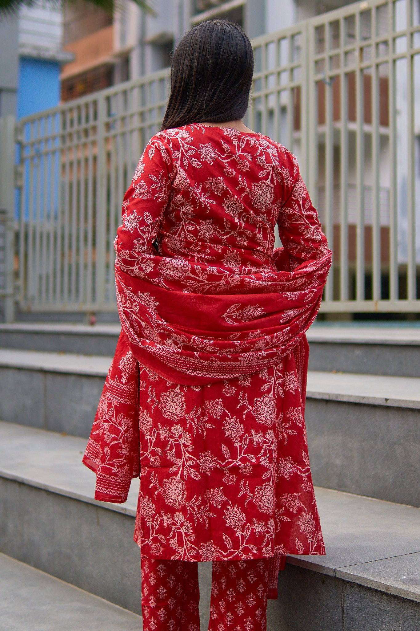 Aisha-Red floral cotton kurta set