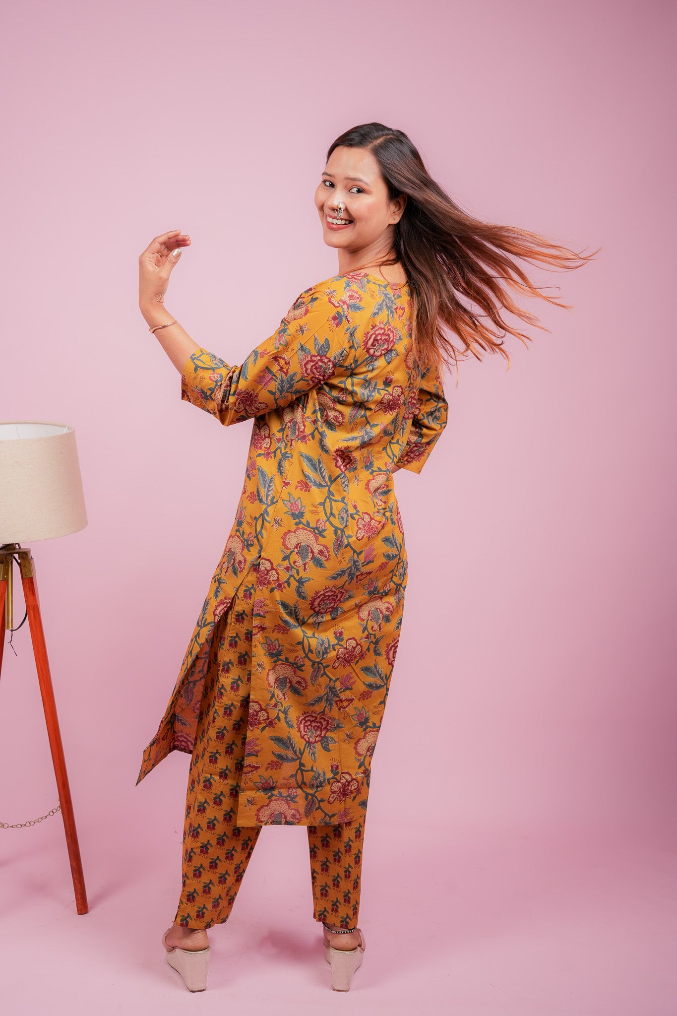 Amaira-Mustard sanganeri cotton kurta set