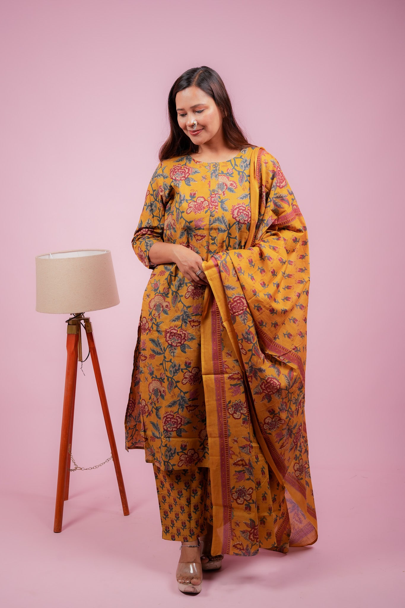 Amaira-Mustard sanganeri cotton kurta set