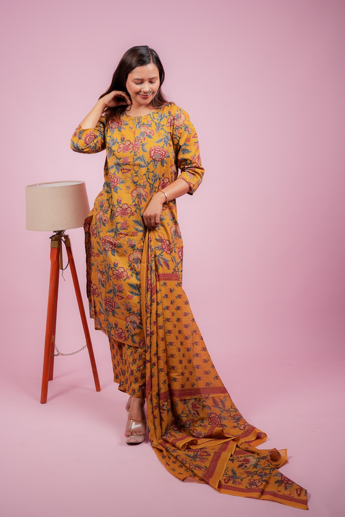 Amaira-Mustard sanganeri cotton kurta set