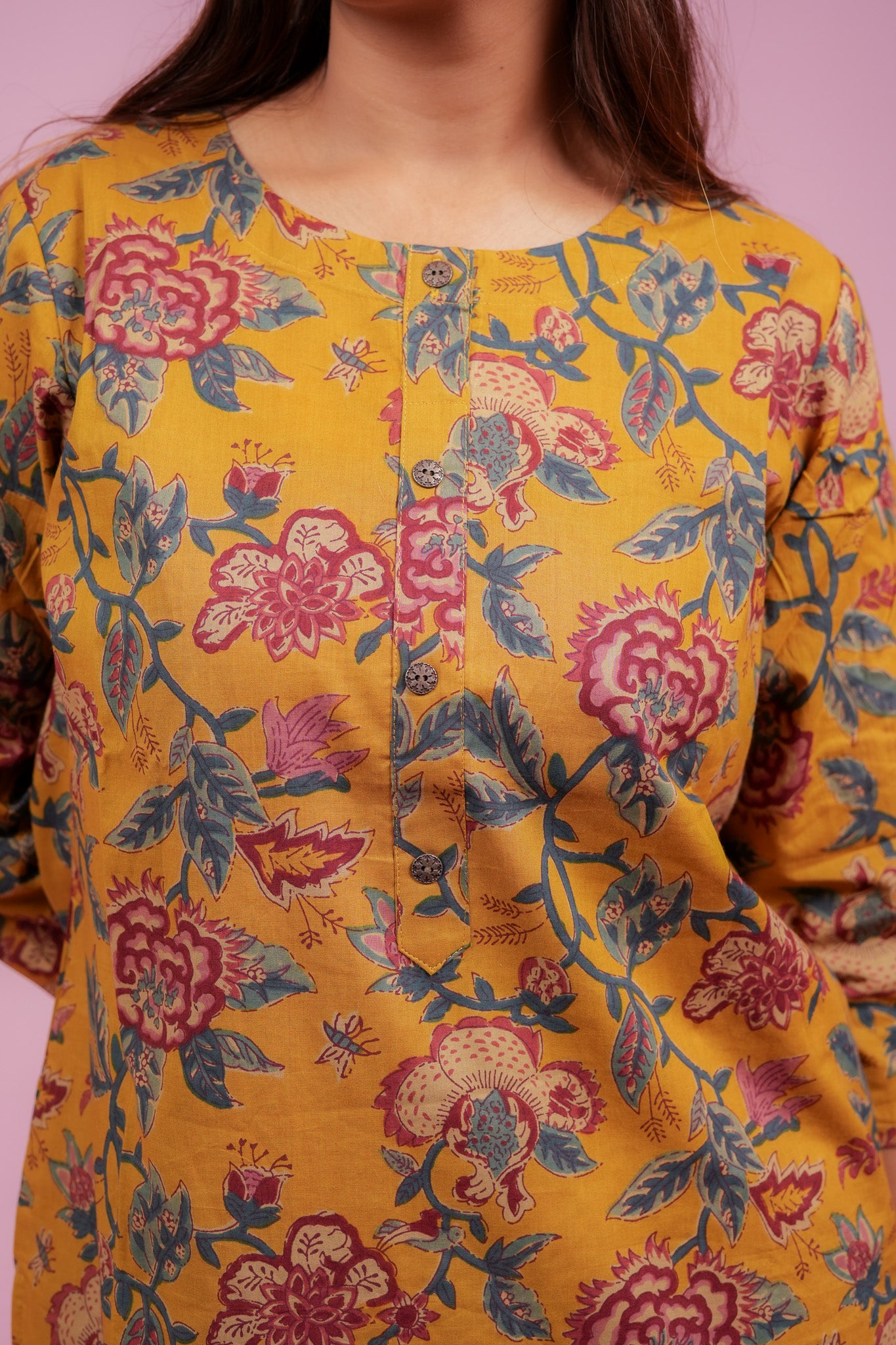 Amaira-Mustard sanganeri cotton kurta set