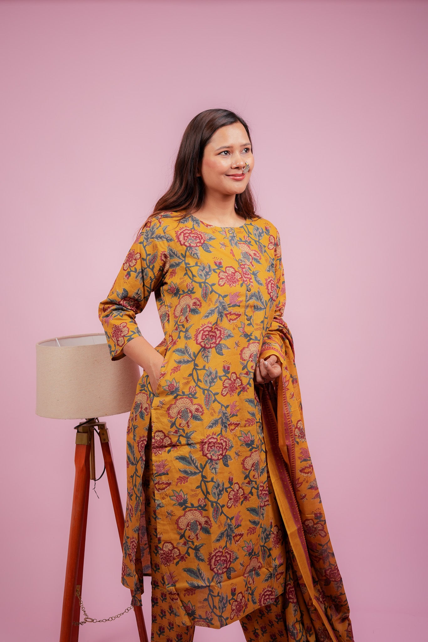 Amaira-Mustard sanganeri cotton kurta set