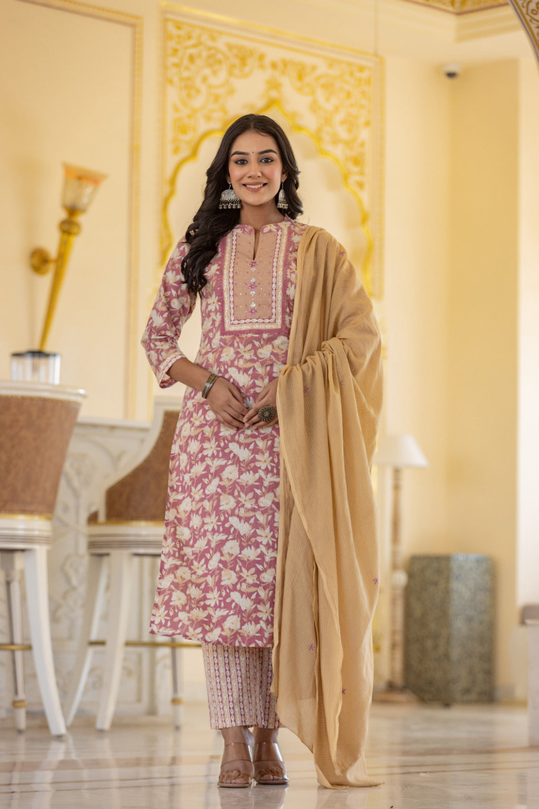 Anaya-Purple floral kurta set with neck embriodery