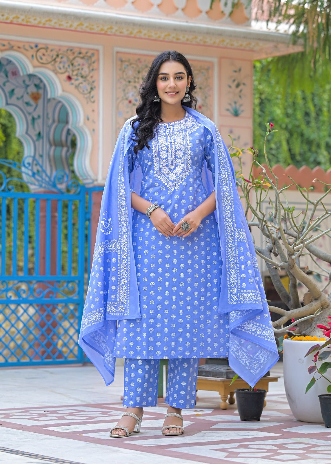 Anshi-Blue cotton straight kurta set with embriodered neckline