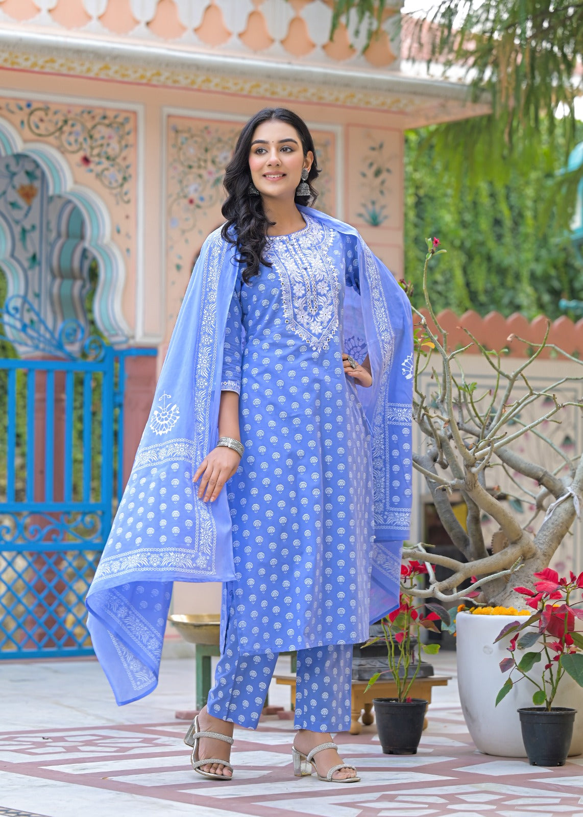 Anshi-Blue cotton straight kurta set with embriodered neckline