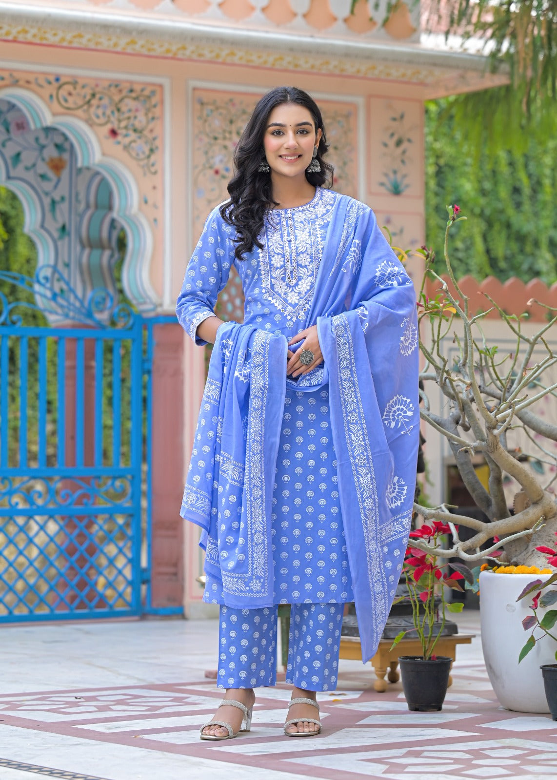 Anshi-Blue cotton straight kurta set with embriodered neckline