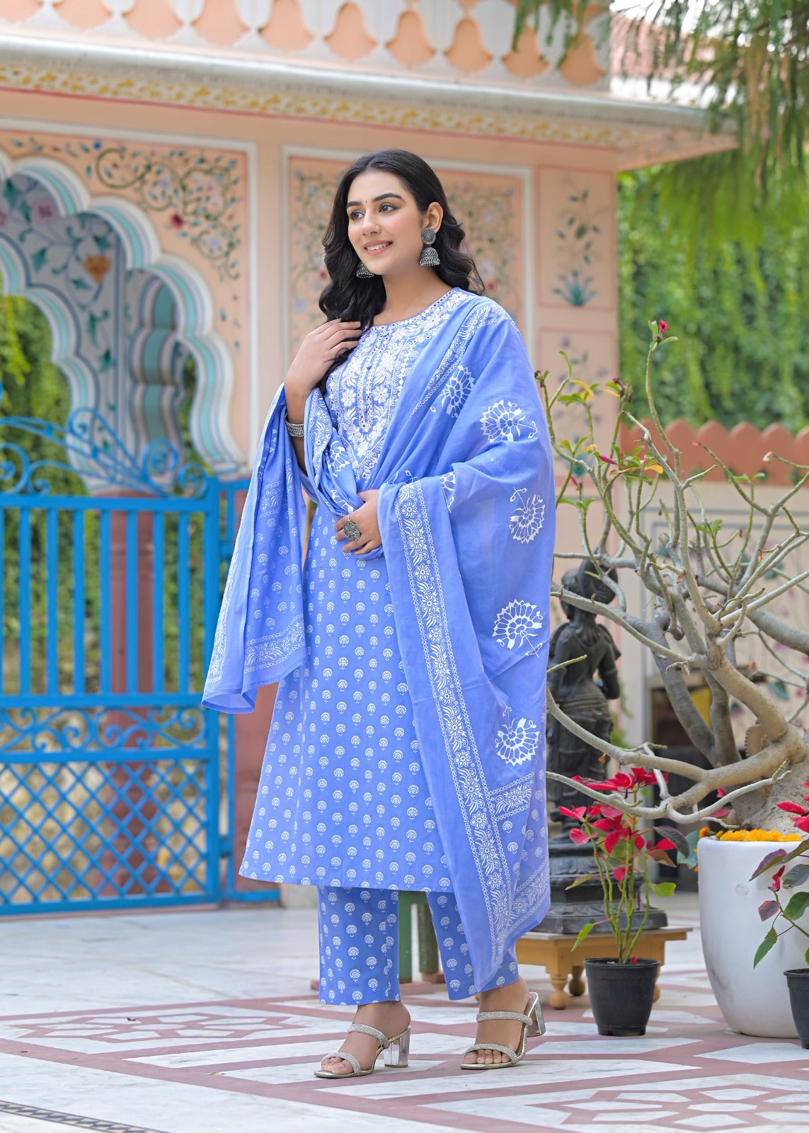 Anshi-Blue cotton straight kurta set with embriodered neckline