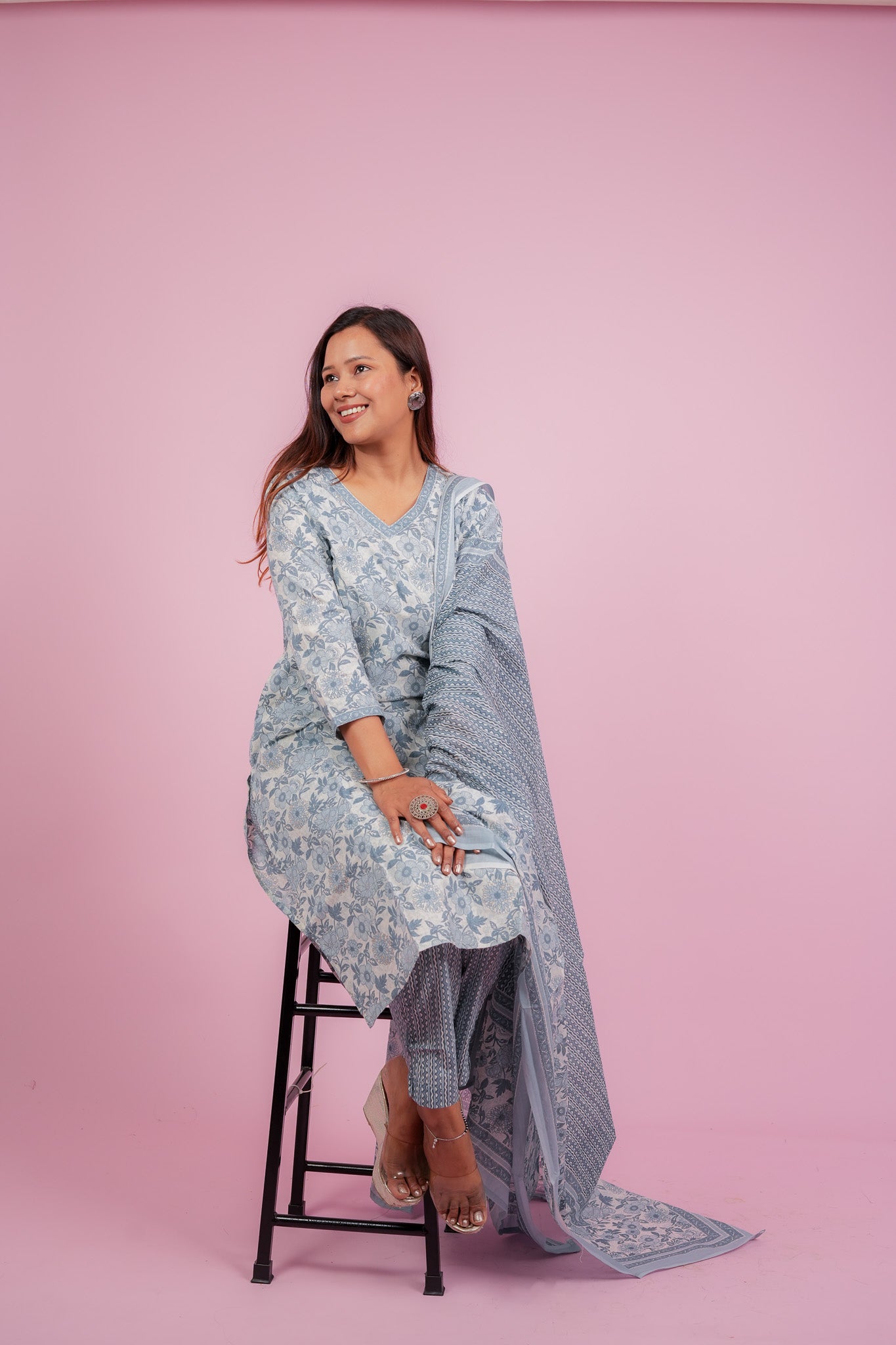 Antika-Powder blue with neck detailing straight cotton kurta set