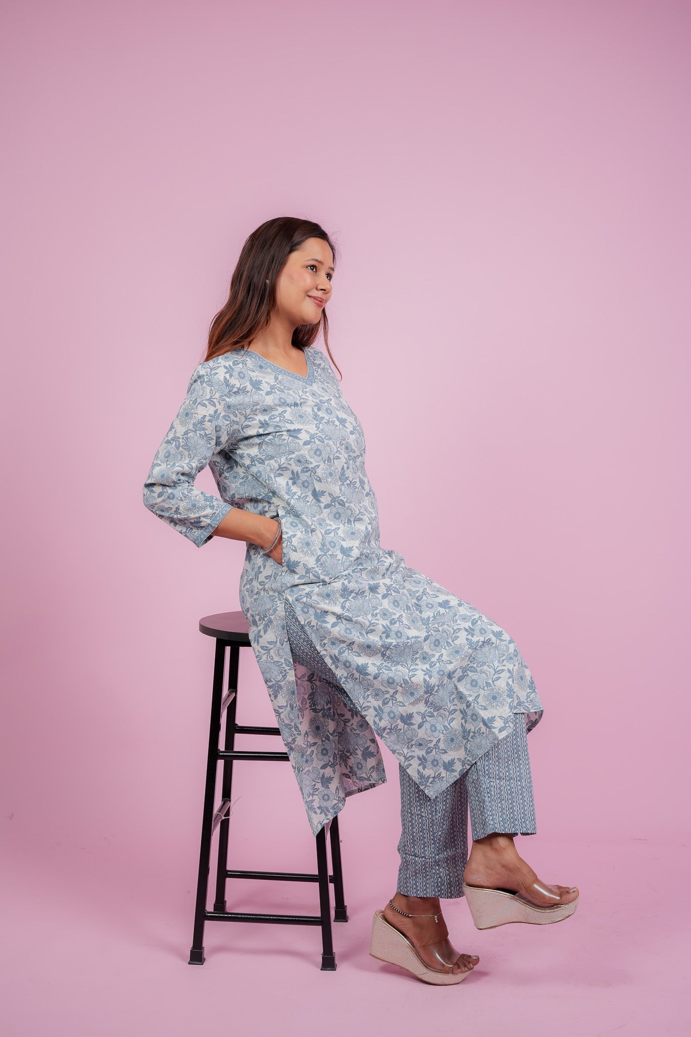 Antika-Powder blue with neck detailing straight cotton kurta set