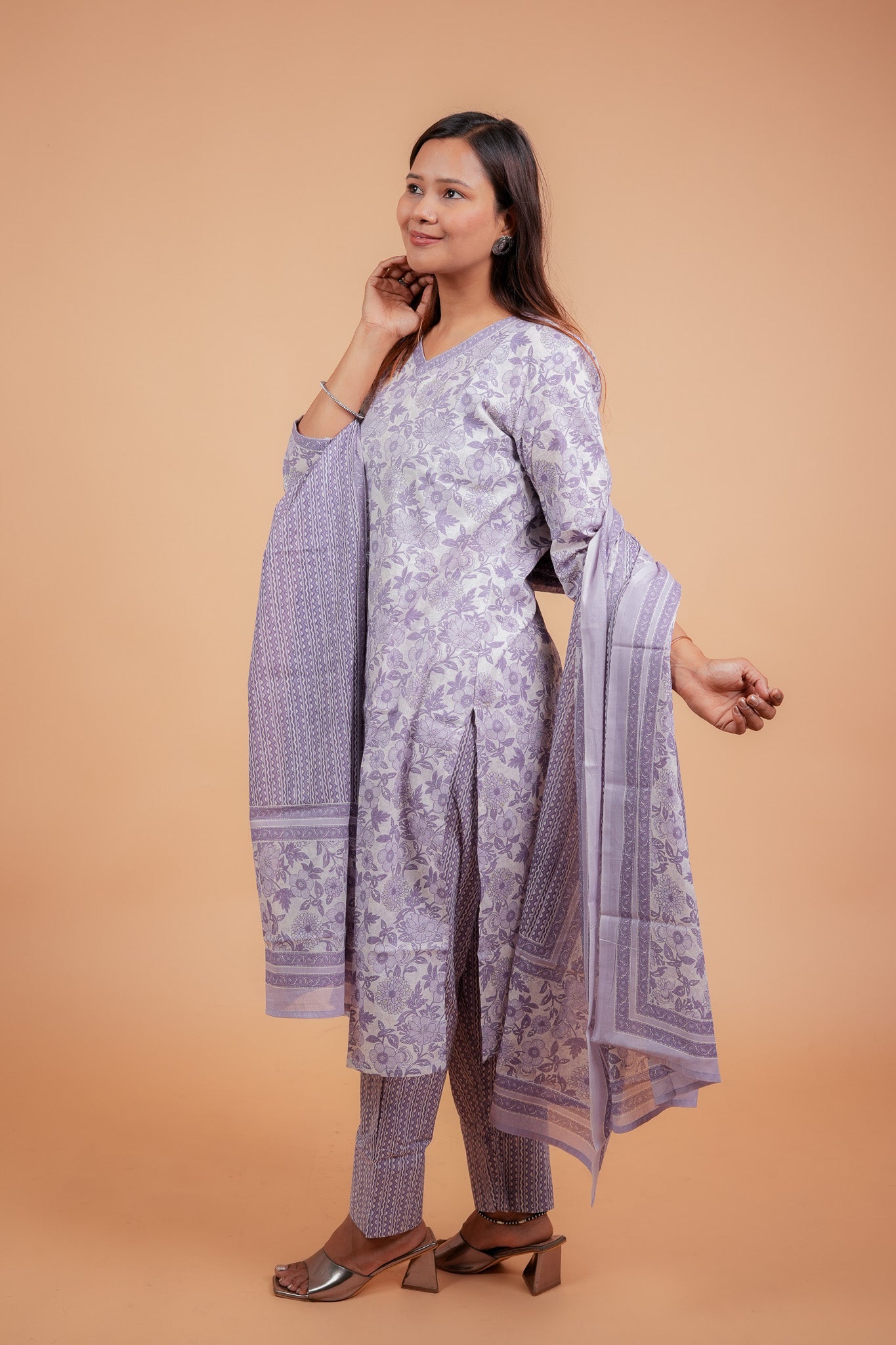 Arya-Purple with neck detailing straight cotton kurta set