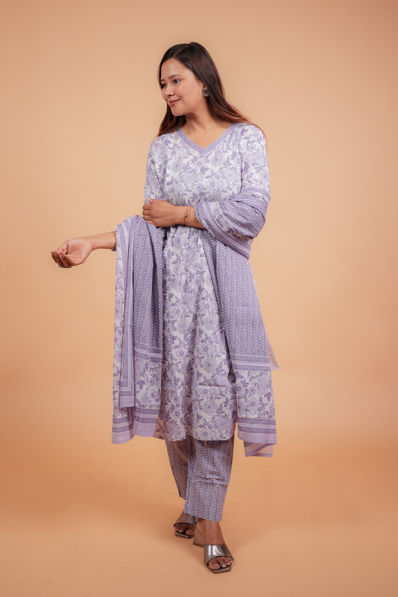 Arya-Purple with neck detailing straight cotton kurta set