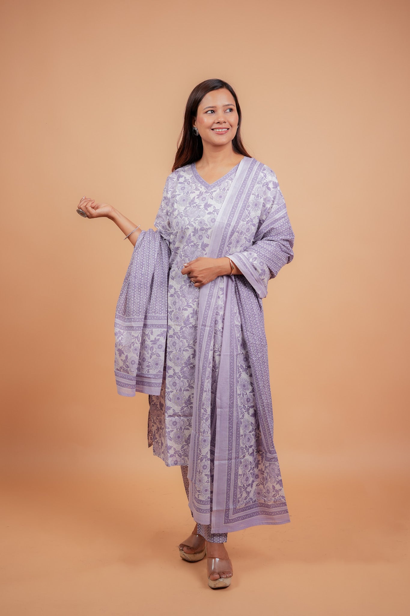 Arya-Purple with neck detailing straight cotton kurta set