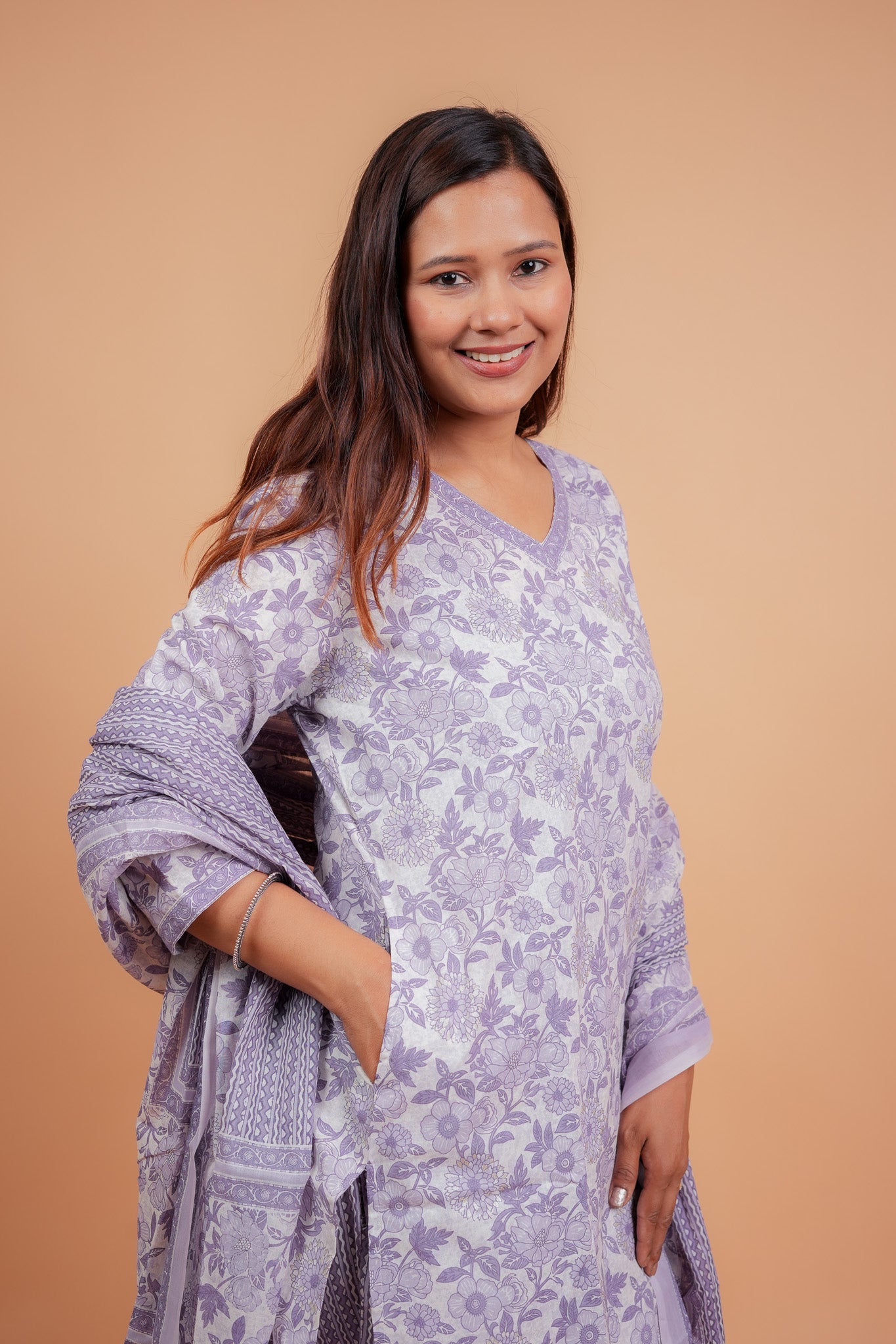Arya-Purple with neck detailing straight cotton kurta set