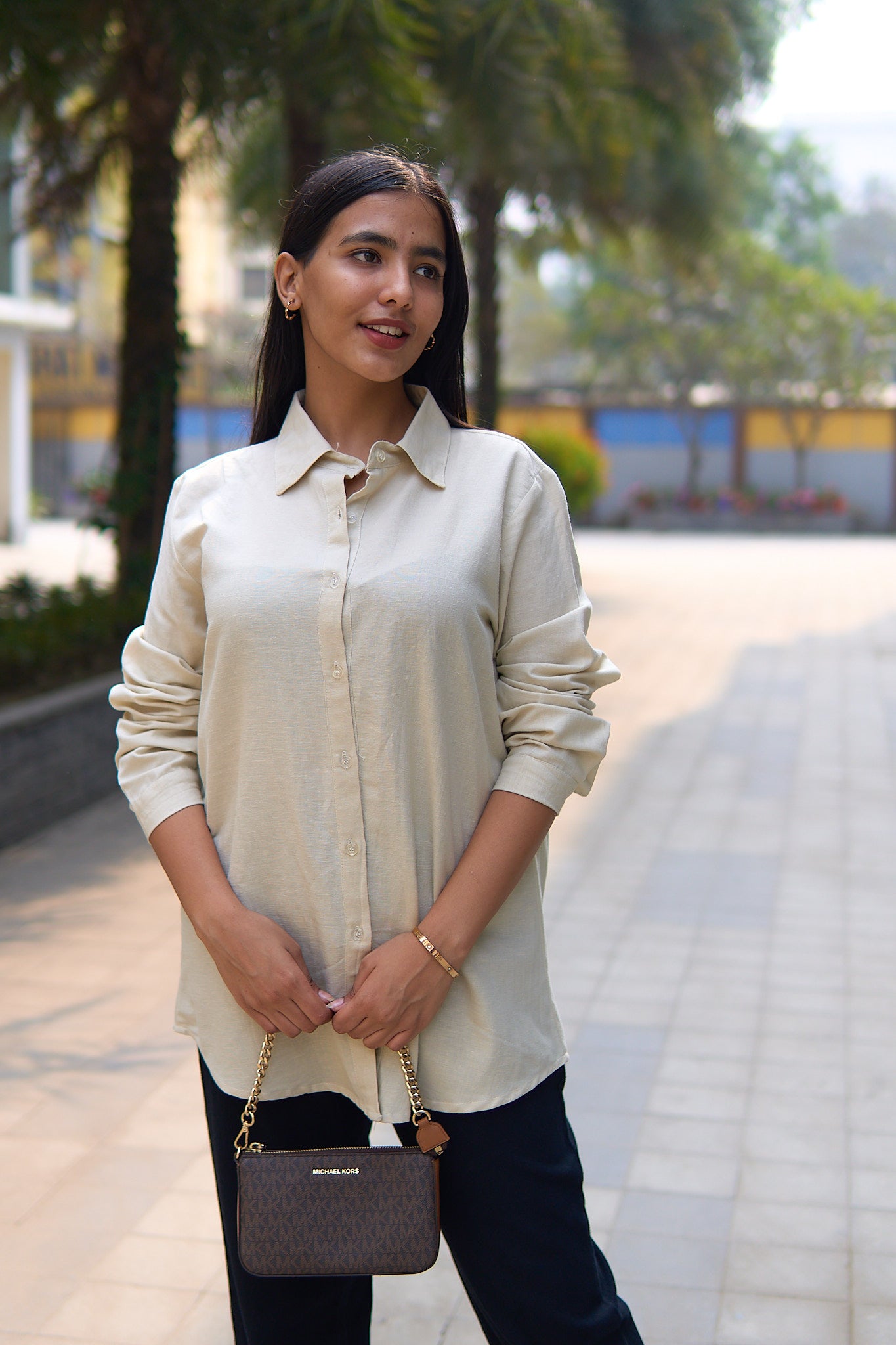 Chakia-Light beige linen blend women shirt.