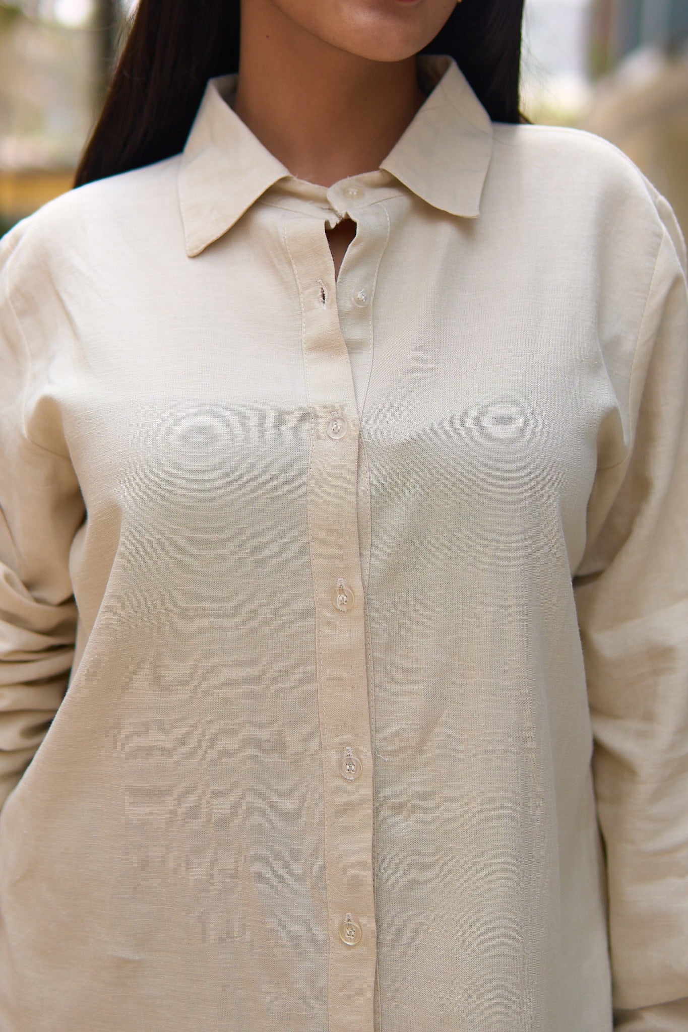 Chakia-Light beige linen blend women shirt.