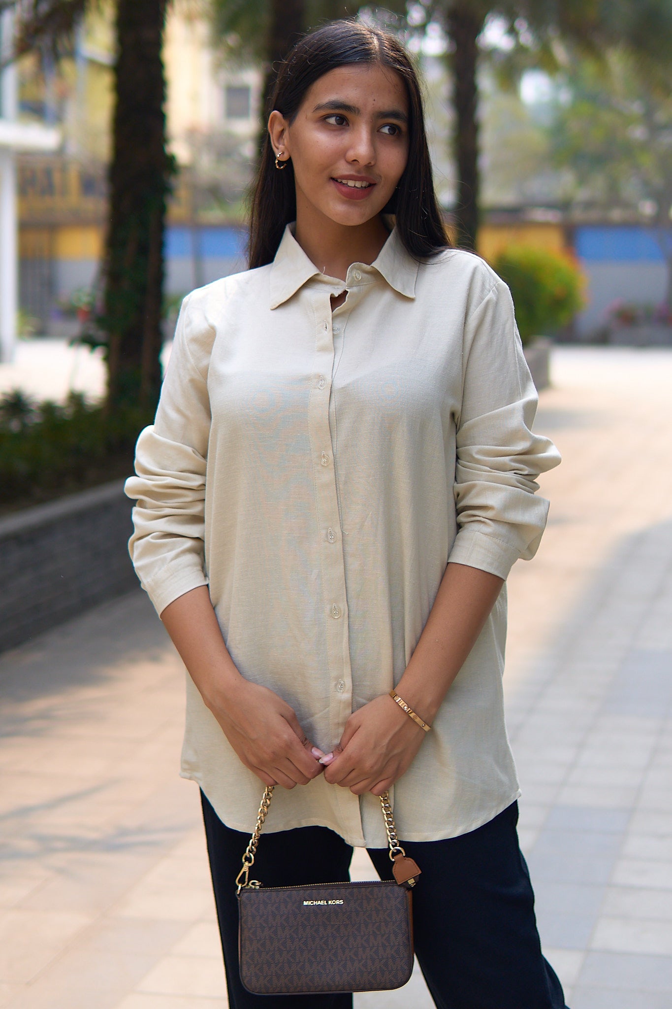 Chakia-Light beige linen blend women shirt.