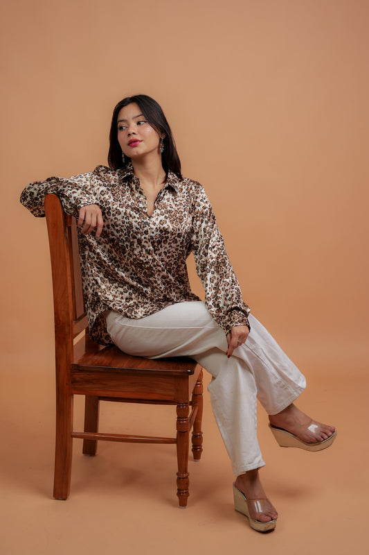 CHUHAL- BROWN LEOPARD PRINT SATIN SHIRT